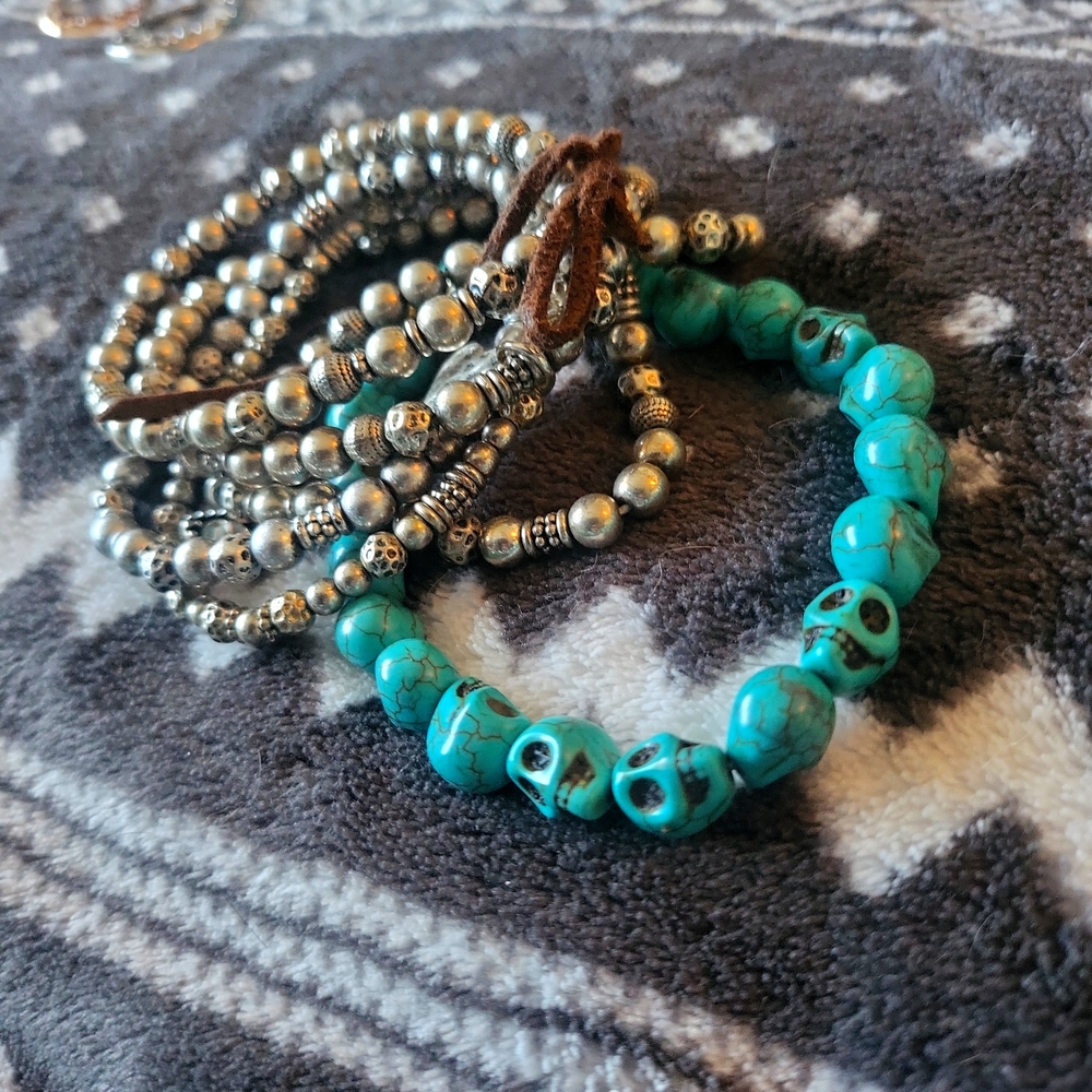 Skull Beaded Turquoise Look Bracelet & Grouped Bead Bracelets (joined by tie)